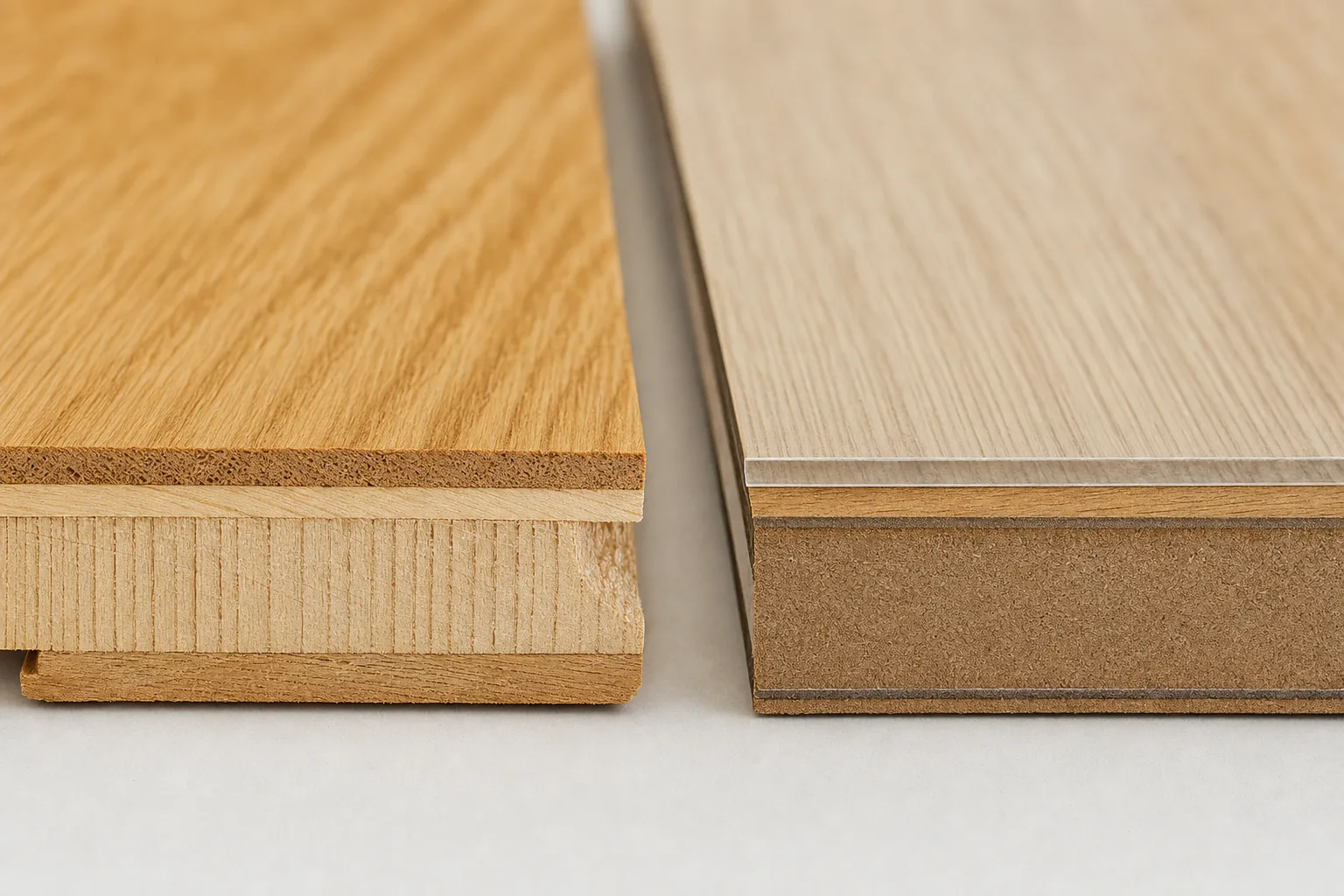 Trisluoksnio ąžuolo parketo ir laminato sandaros pjūvis greta — sluoksnių palyginimas