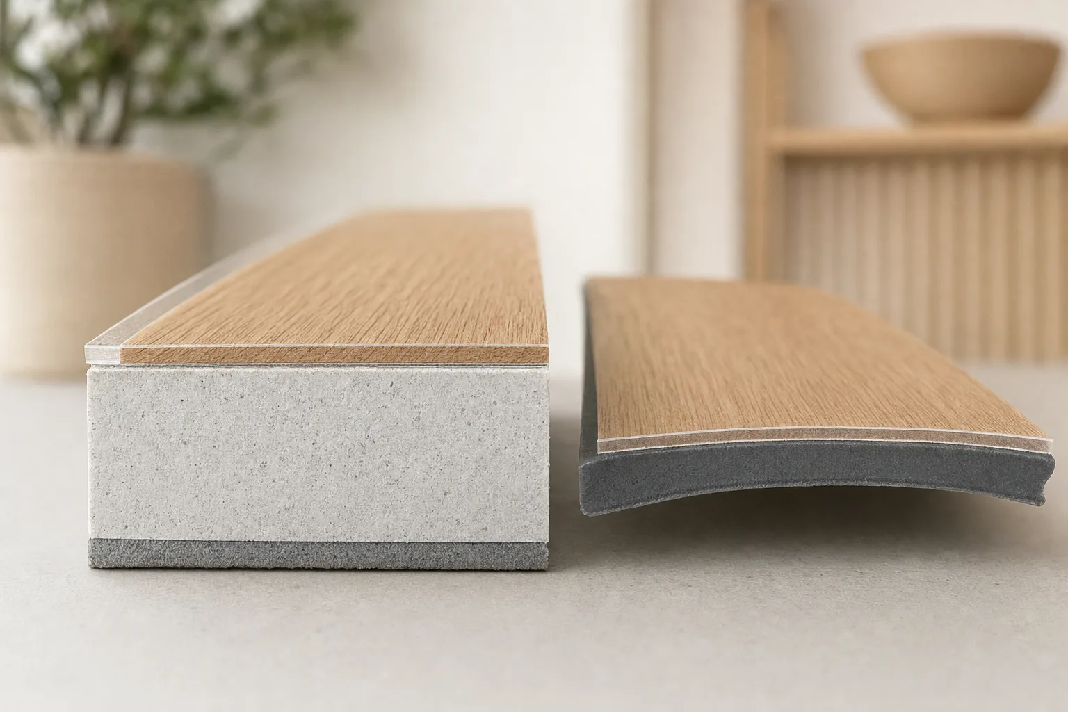 SPC ir LVT vinilo lentų pjūviai greta: kieta kalkakmenio šerdis ir lankstus PVC pagrindas